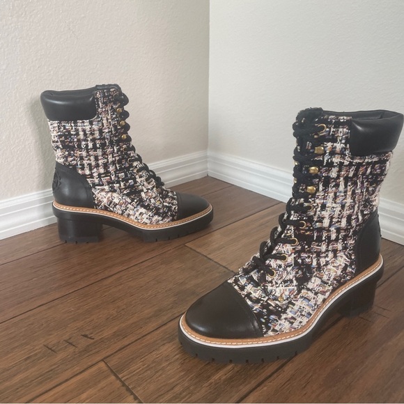 Tory Burch tweed combat boots fall boots winter boots lace up boots black bootie - Picture 16 of 16